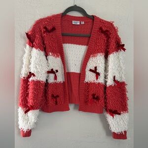 Mighty Fine Womens Red and White Cardigan with Red Velvet Bow Details, Sz M